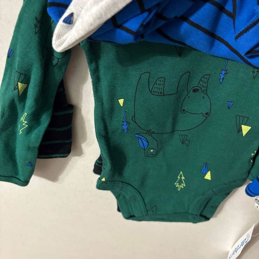 NWT Carter's Newborn 4 Piece Gray/Blue/Green Animal/Stripe Print Bodysuits - Picture 4 of 8